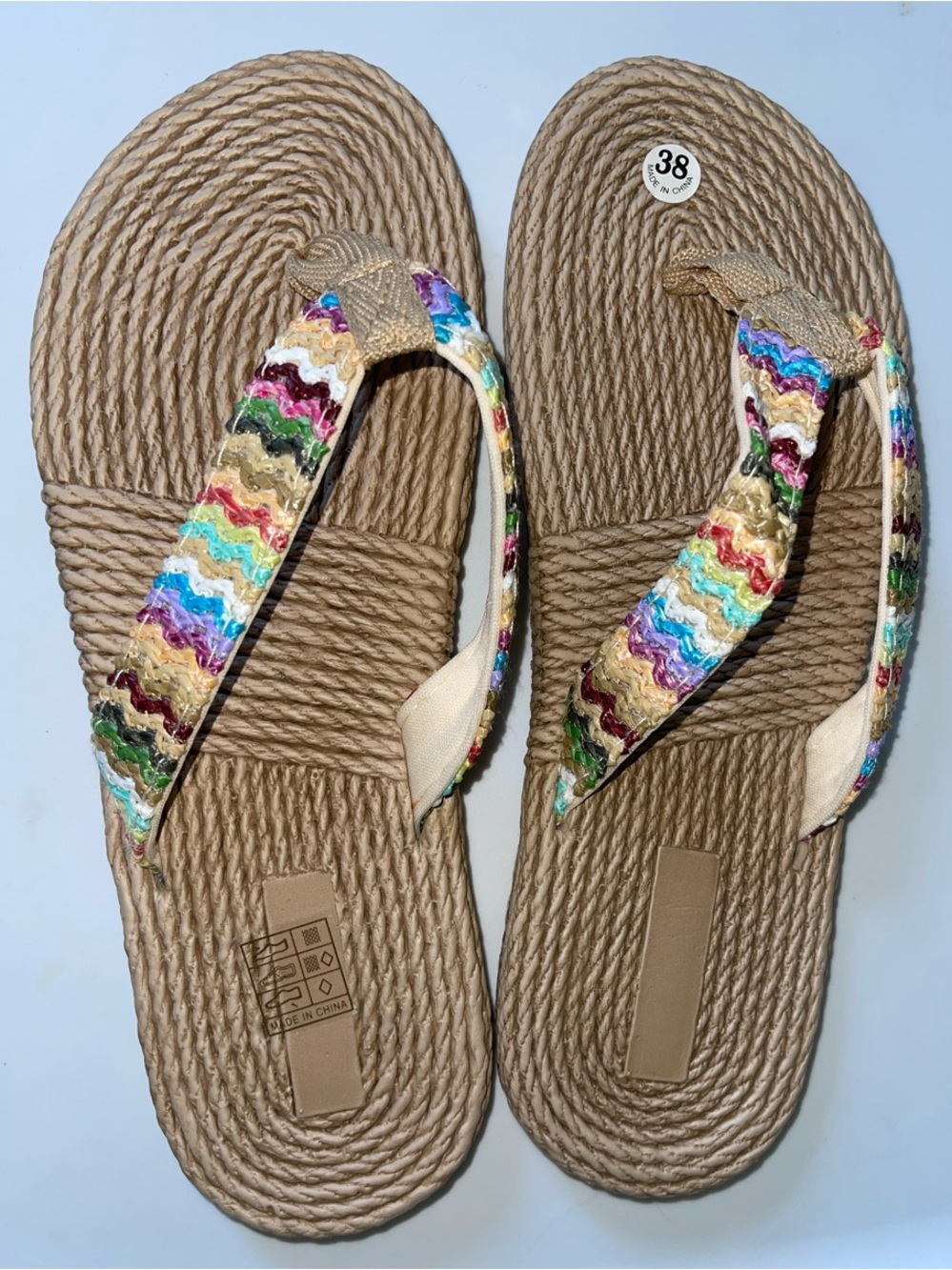 Tan Rope Sandals with Multicolor Embroidered Straps